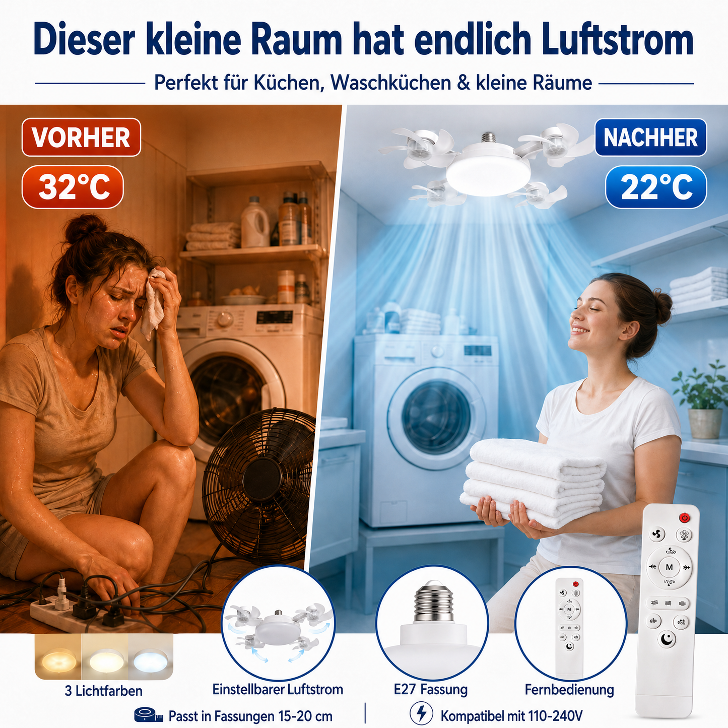 🌬️ SUMMER SALE 50% OFF 💡No-Wiring Ceiling Fan Light with Remote Control