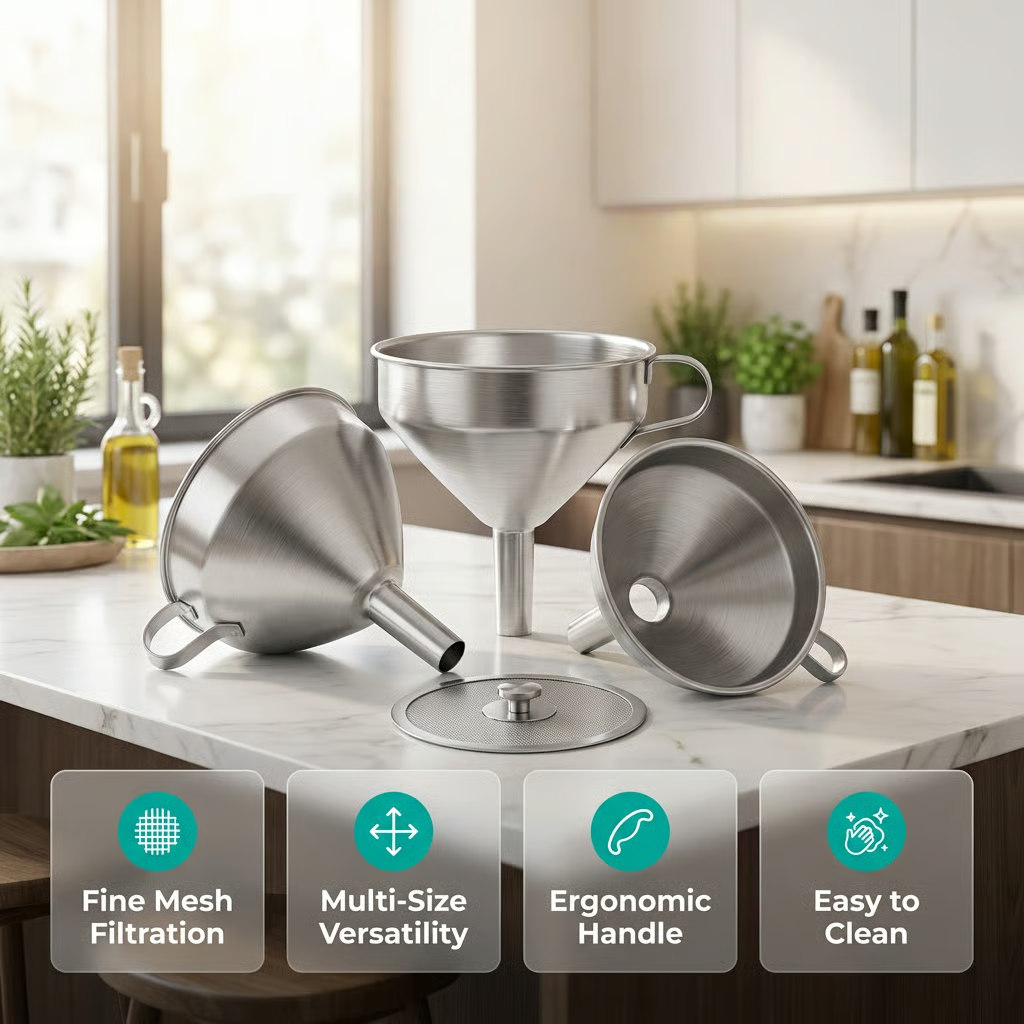 🔥50% OFF Today!🎉No-Mess Stainless Steel Kitchen Funnel Set with Strainer