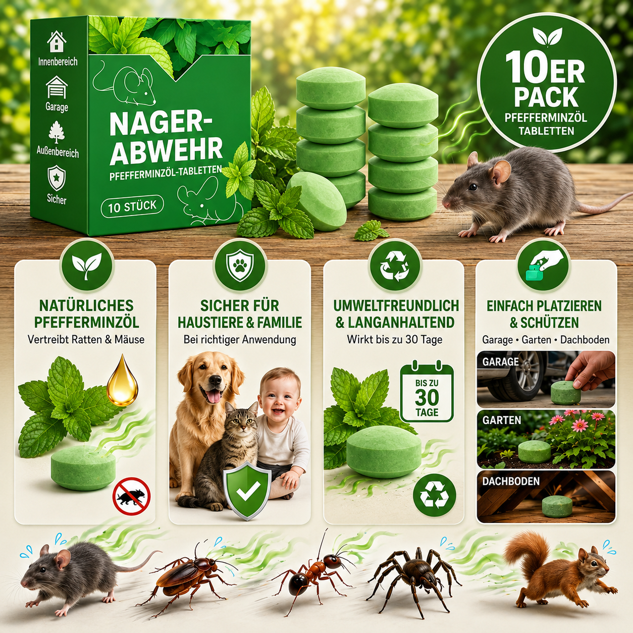 🔥 Letzter Tag 50% Rabatt🟢 – Nager-Abwehr Tabletten mit Pfefferminzöl – 10er Pack