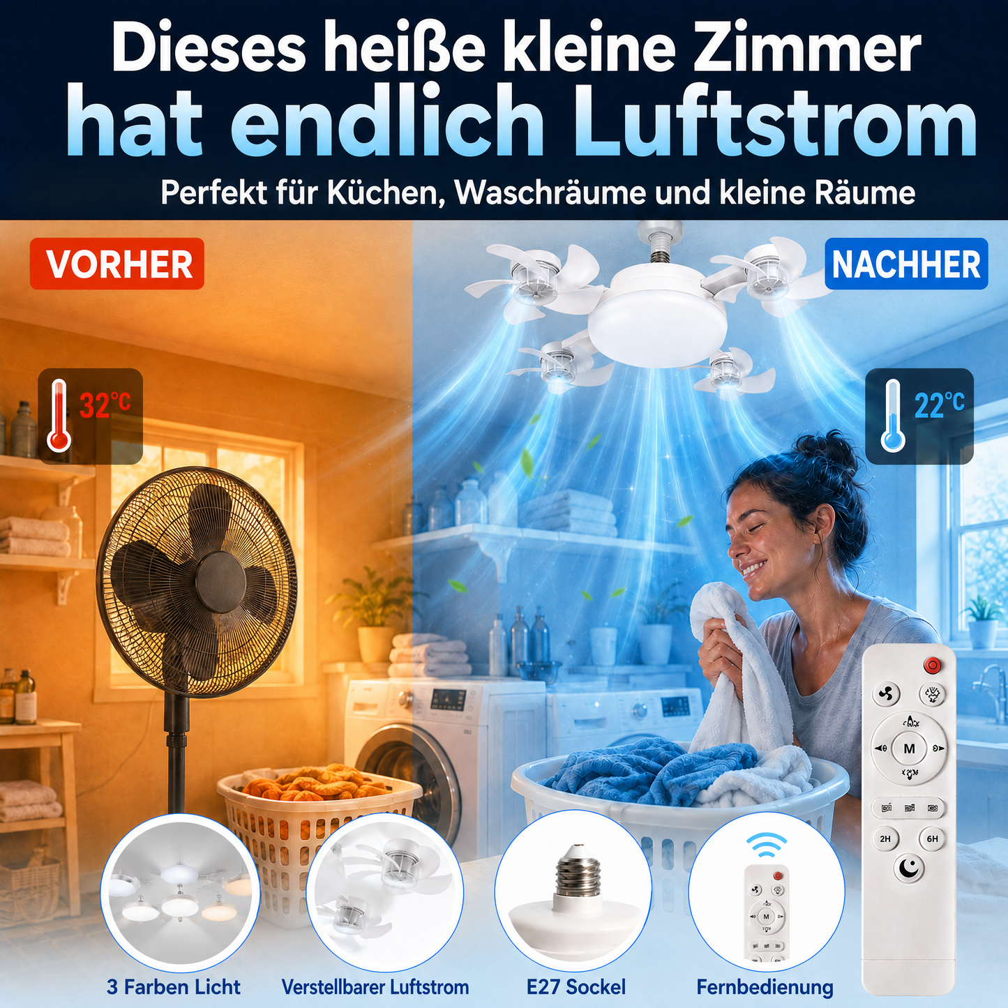 🌬️ SUMMER SALE 50% OFF 💡No-Wiring Ceiling Fan Light with Remote Control