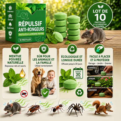 🔥🔥 Dernier jour : 50 % de réduction 🟢 – Comprimés répulsifs pour rongeurs à l’huile essentielle de menthe poivrée – Boîte de 10