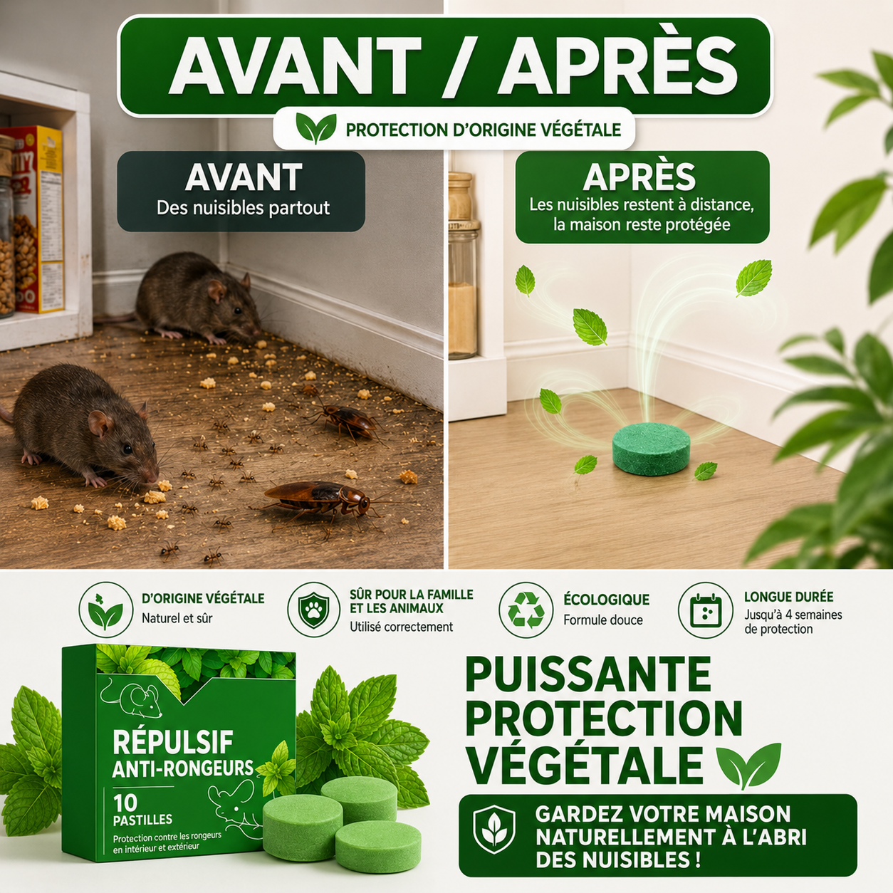🔥🔥 Dernier jour : 50 % de réduction 🟢 – Comprimés répulsifs pour rongeurs à l’huile essentielle de menthe poivrée – Boîte de 10