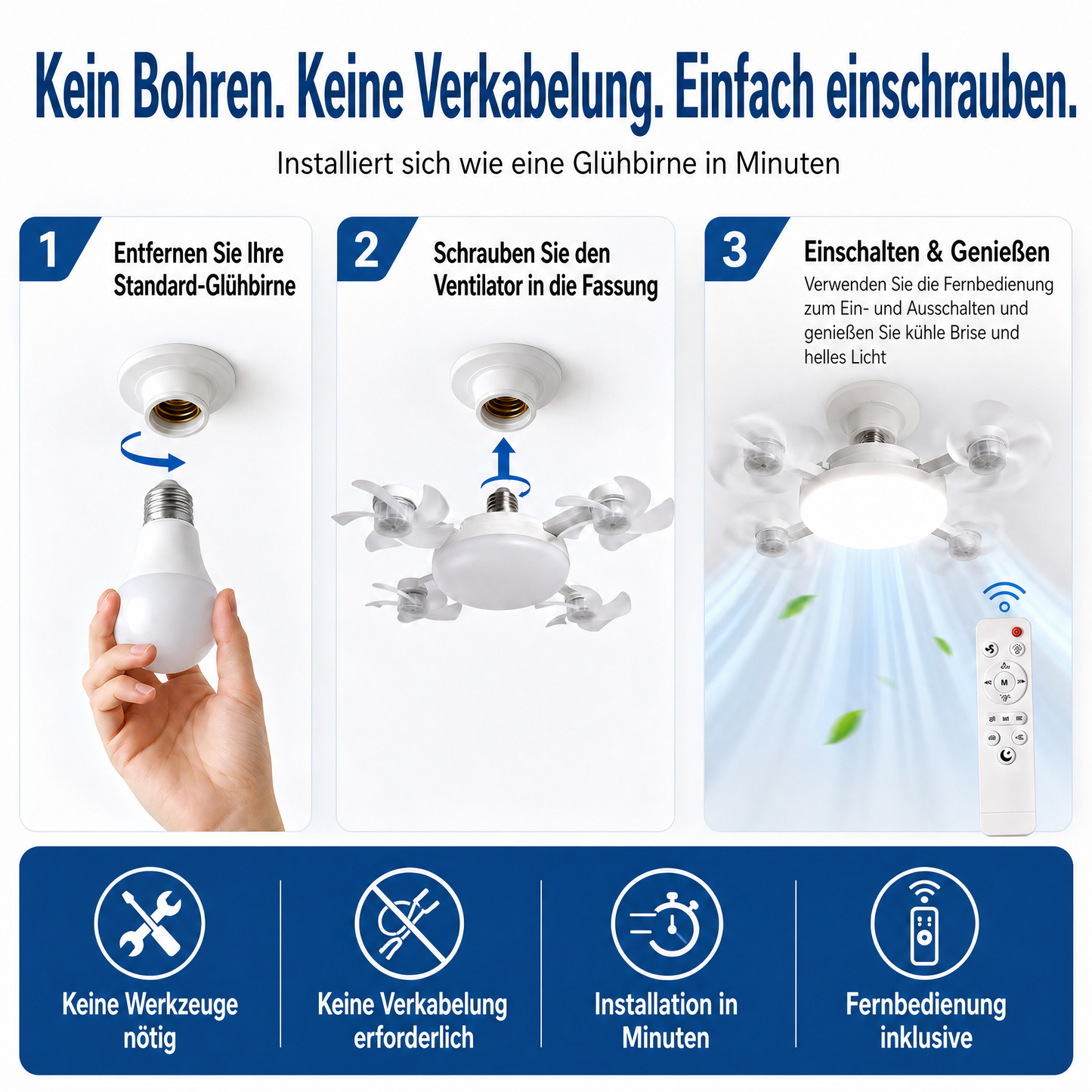 🌬️ SUMMER SALE 50% OFF 💡No-Wiring Ceiling Fan Light with Remote Control