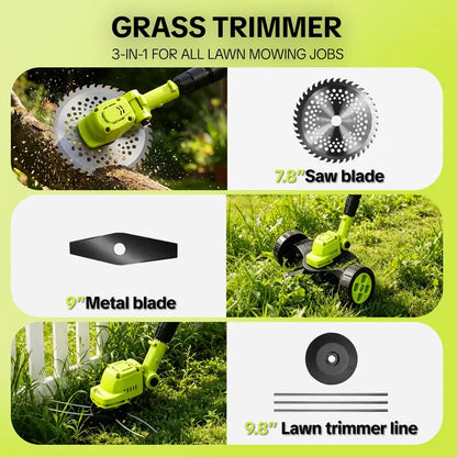 21V Cordless 3-in-1 Grass Trimmer, Edger & Mini Lawn Mower with 2 Batteries