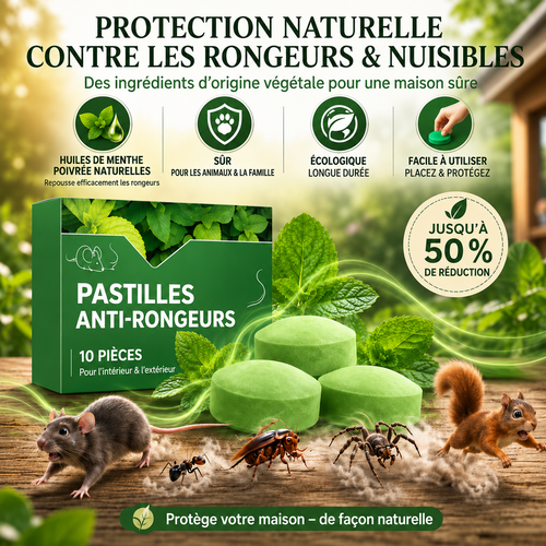 🔥🔥 Dernier jour : 50 % de réduction 🟢 – Comprimés répulsifs pour rongeurs à l’huile essentielle de menthe poivrée – Boîte de 10