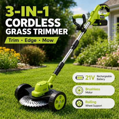 21V Cordless 3-in-1 Grass Trimmer, Edger & Mini Lawn Mower with 2 Batteries
